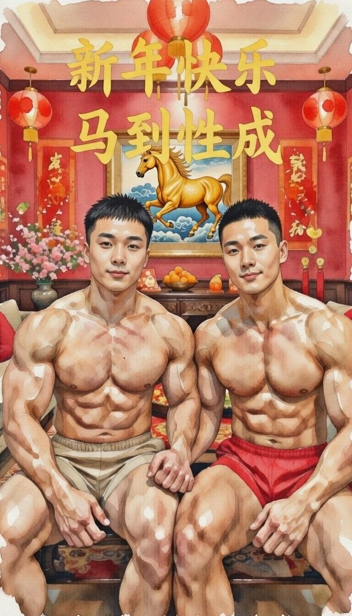 PecsJ1's tweet photo. The Year of the Horse 2026 wishing all " 新年快乐， 马到性成， 操个痛快 ！ 
😆😏🫣 #aiimage https://t.co/jFfuFZo4F6