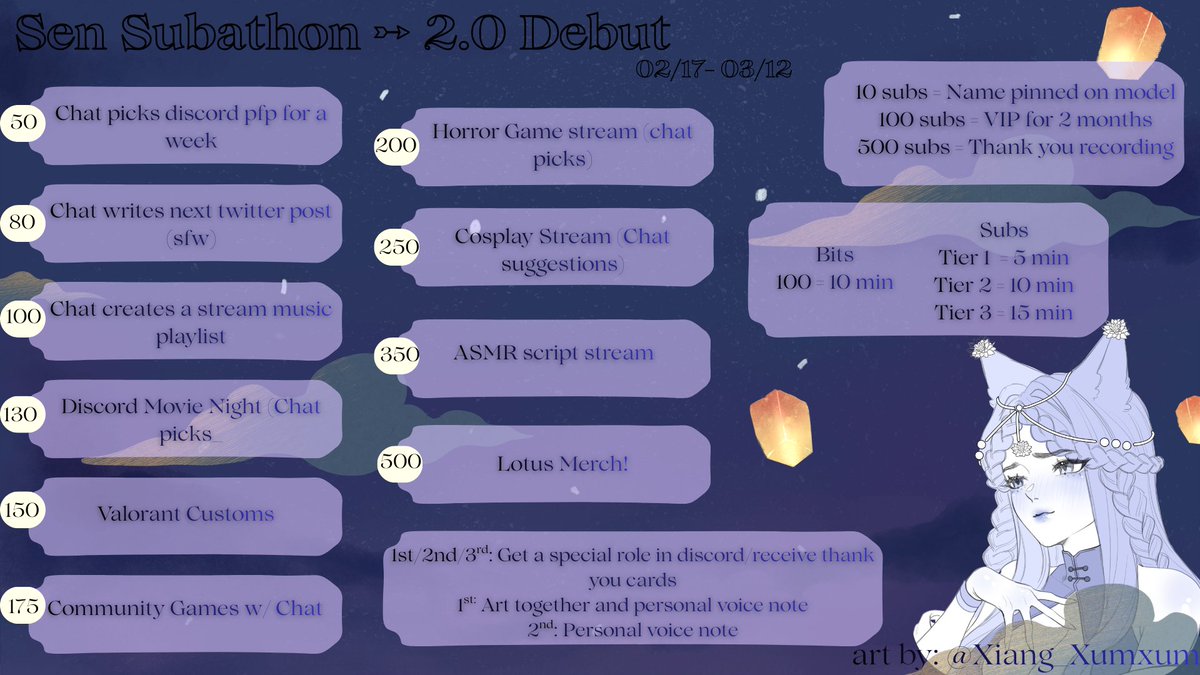 🎐Surprise! I'm really excited to announce that I'll be debuting my 2.0 next month and to kick it off, I'll be doing a subathon leading up to 3/12! Thank you to all of my friends and my community for always being the biggest pillars of support for me 💖