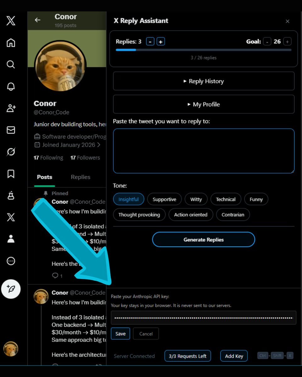 Conor_Code's tweet image. Day 2 of building my apps shared backend

✅ Migrated X Reply Assistant to my shared FastAPI backend
✅ Rate limiting working (3 AI requests a day per user)
✅ Added bring your own API key. Paste your Anthropic key, get unlimited use

More info in pinned post📌
#BuildInPublic