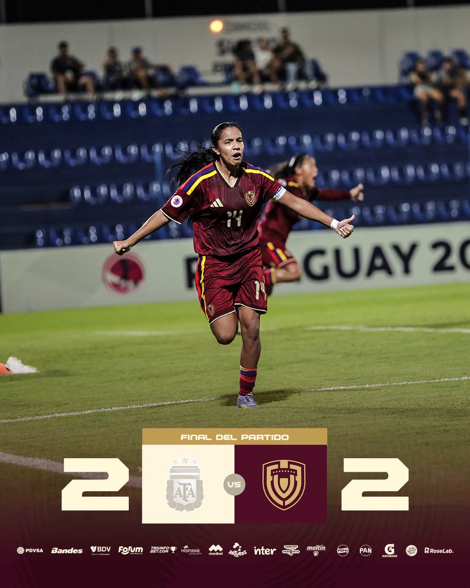 𝑰𝒈𝒖𝒂𝒍𝒅𝒂𝒅 en el Luis Alfonso Giangi. 🇻🇪

Argentina 2-2 Venezuela 

⚽️ Anggely Muñoz, 75’.
⚽️ Gellinott Reyes, 86’.

#SiempreVinotinto🇻🇪 #Sub20Fem