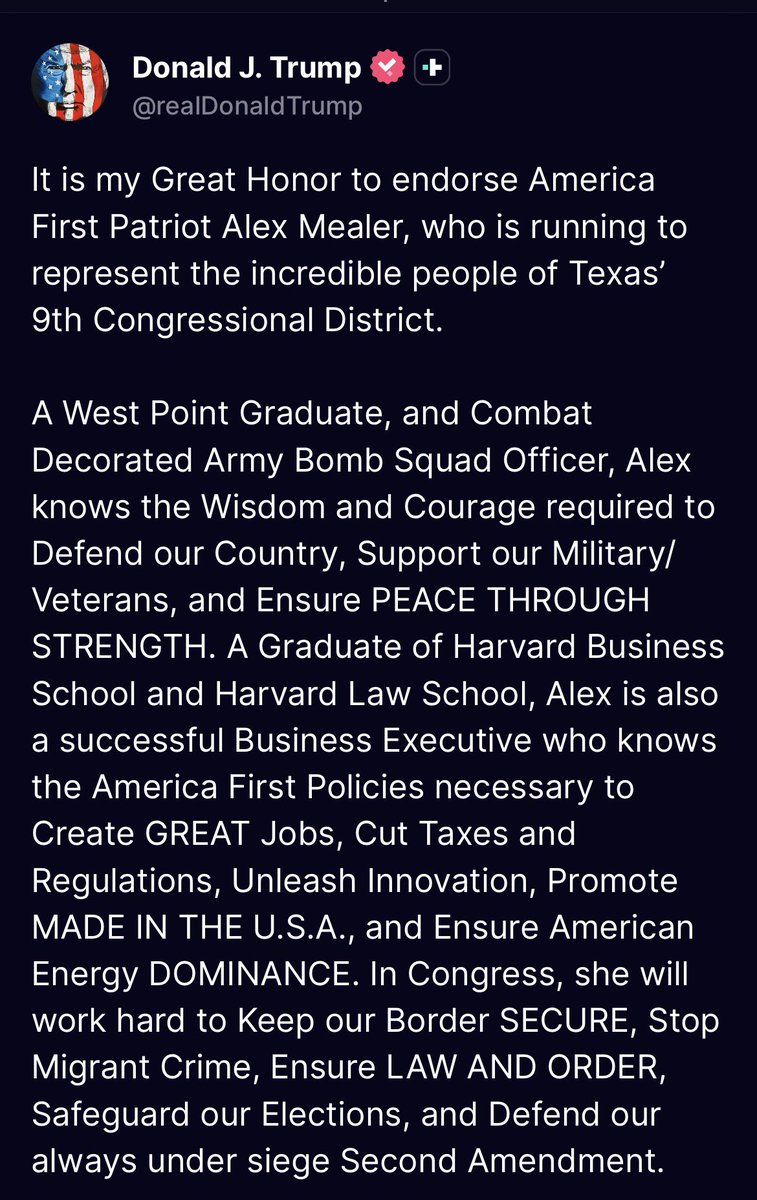 .<a href="/realDonaldTrump/">Donald J. Trump</a> endorses <a href="/AlexMealerTX/">Alex Mealer</a> in #TX9: