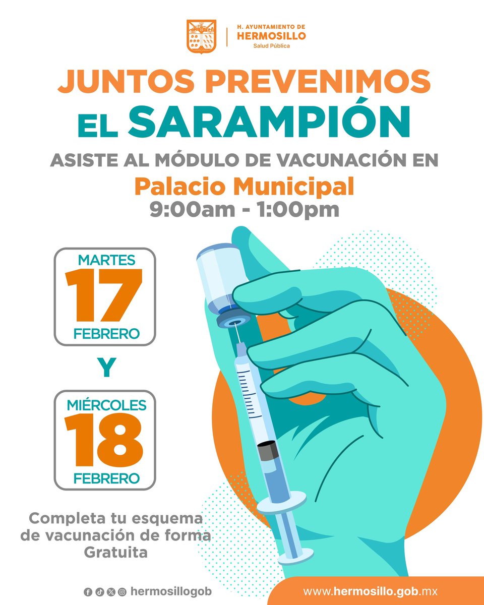 En la Tercera Sesión del Consejo Municipal de Salud acordamos reforzar la prevención del sarampión en coordinación con la Secretaría de Salud.

Nos sumamos a la campaña, fortaleciendo la información y el acceso a las vacunas; mañana habrá un módulo en Palacio Municipal de 9:00 am