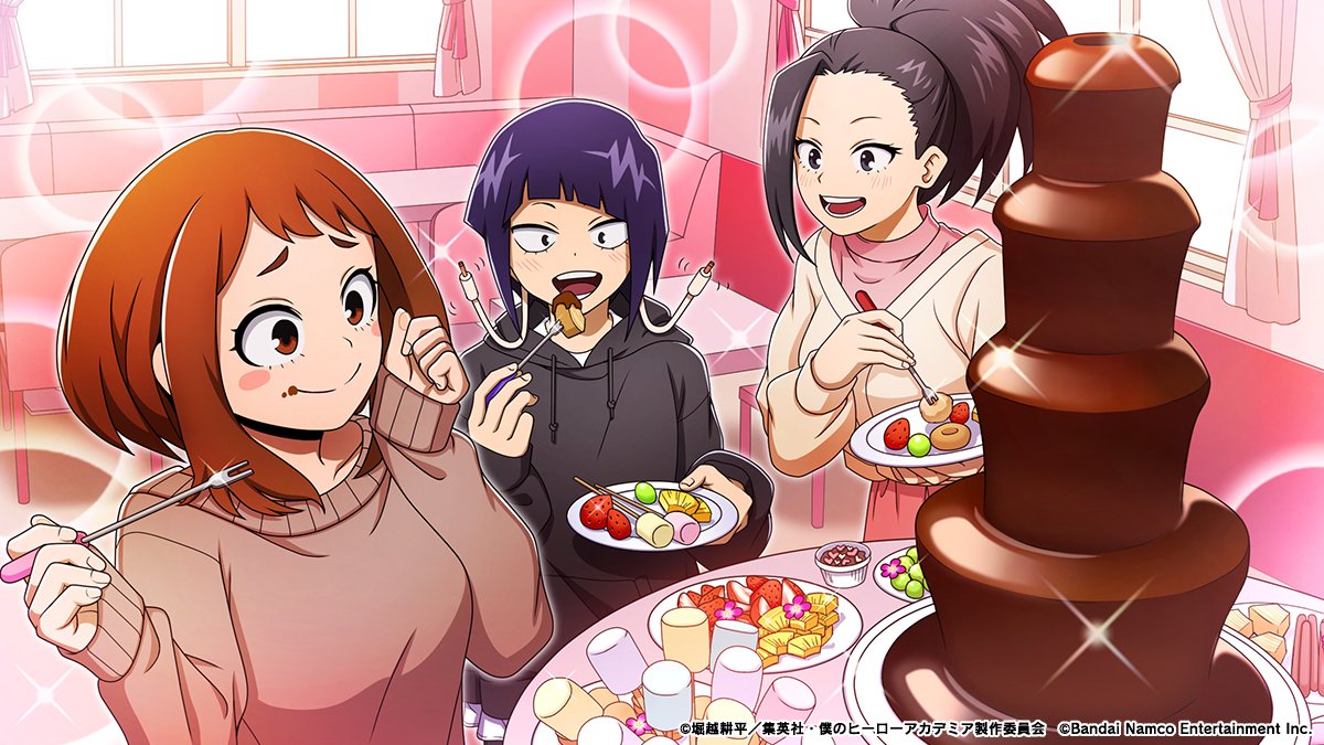 /／
『雄英ビッグ3お菓子防衛戦ガシャ』開催中！
\＼

▼NEW
SRメモリー「甘い幸せ」

チョコレートファウンテンにお菓子やフルーツをディップし、甘いひと時を満喫する麗日お茶子、耳郎響香、八百万百たち3人を描いたメモリーが新登場！

期間:～3/1(日)14:59予定
#ヒロトラ #ヒロアカ