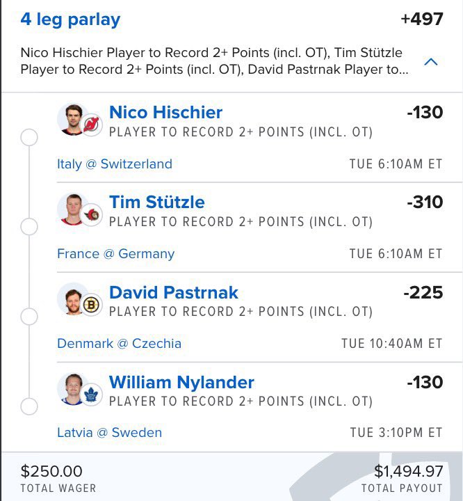 Can the playmakers just farm assists all day? 😈🔥

$500 ➡️ $1,398.82 💰
Nico Hischier 1+ assist
Tim Stützle 1+ assist
David Pastrnak 1+ assist
William Nylander 1+ assist

OR

$250 ➡️ $1,494.97 🚀
Nico Hischier 2+ points
Tim Stützle 2+ points
David Pastrnak 2+ points
William