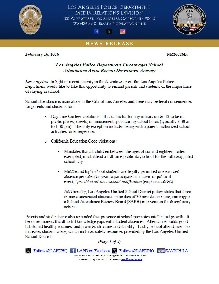 LAPDPIO's tweet photo. LAPD News: Los Angeles Police Department Encourages School Attendance Amid Recent Downtown Activity https://t.co/u0LZKKT1ma