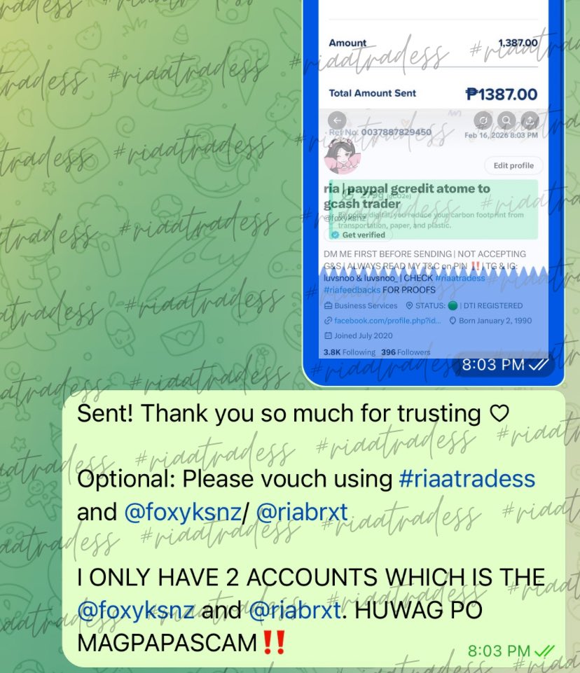 ༻ PAYPAL TO GCASH TRADE ༺

THANK YOU SO MUCH FOR TRUSTING! 

MY OLD ACCOUNT (<a href="/luvsnoo_/">ria | paypal gcredit unveri to gcash trader low</a>) WAS SUSPENDED

✧ #riaatradess