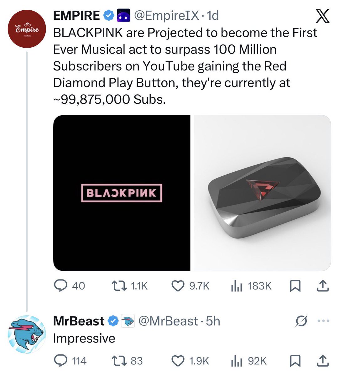 MrBeast comments on <a href="/BLACKPINK/">BLACKPINKOFFICIAL</a>’s projection to become the FIRST musical act ever to surpass 100 MILLION YouTube subscribers. 👀

“Impressive”