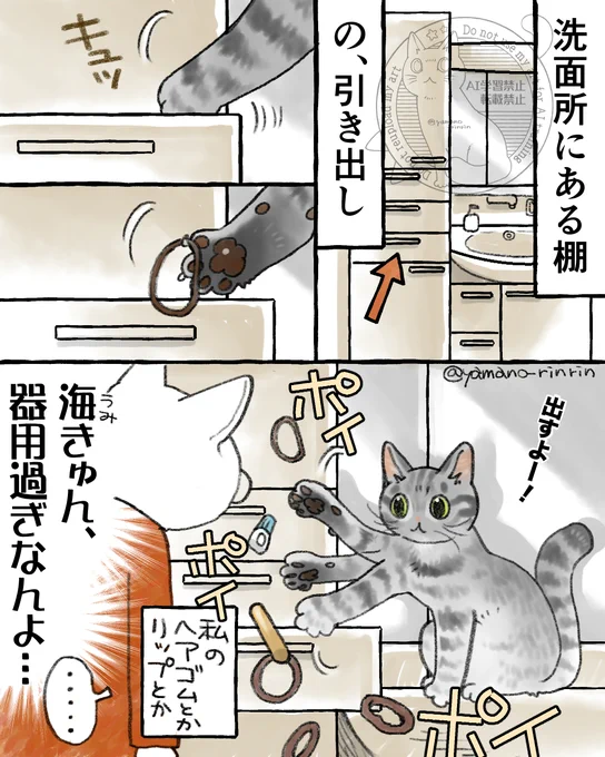 #今日の山野絵
#猫エッセイ 
海きゅん器用過ぎ問題その1🐈 