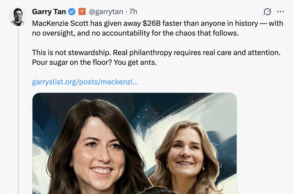 Garry Tan never has a negative word about Donald Trump...but he makes time to crap on MacKenzie Scott for *checks notes* giving billions of dollars to good causes.
