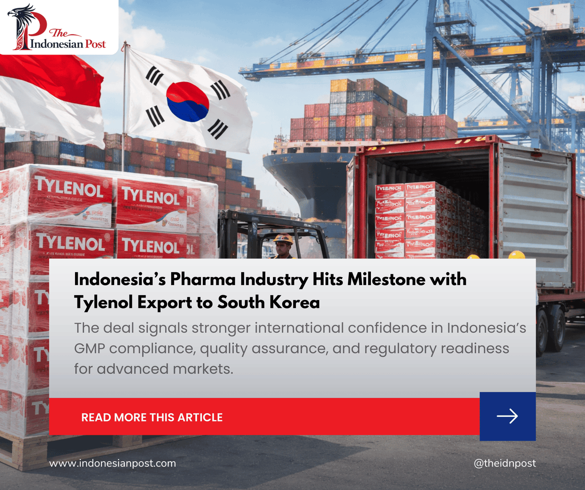 Indonesia’s Pharma Industry Hits Milestone with Tylenol Export to South Korea

indonesianpost.com/2026/02/16/ind… 

#IndonesiaPharmaceuticals
#TylenolExport
#GoodManufacturingPractice
#JohnsonAndJohnson
#ExportDiversification
#IndonesiaNews #IndonesianPost #IndonesiaUpdate