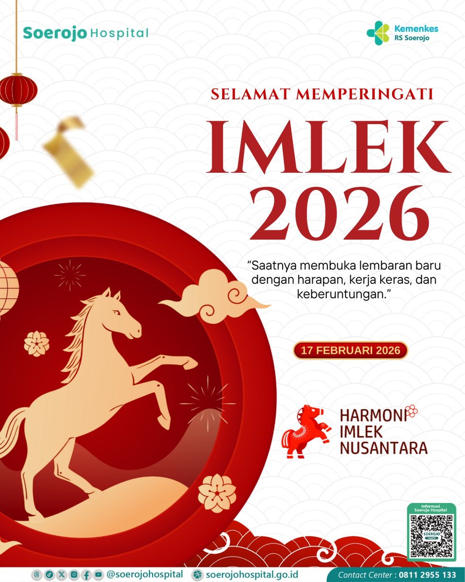 Selamat Tahun Baru Imlek 2026! 🎊🐎
Semoga kehangatan, kedamaian, dan kebahagiaan selalu menyertai hari-hari kita.

Mari sambut tahun baru dengan hati yang bersih, penuh harapan, dan semangat untuk terus bertumbuh.

"Harmoni Imlek Nusantara" ❤️

#SoerojoHospital #PercayaSoerojo