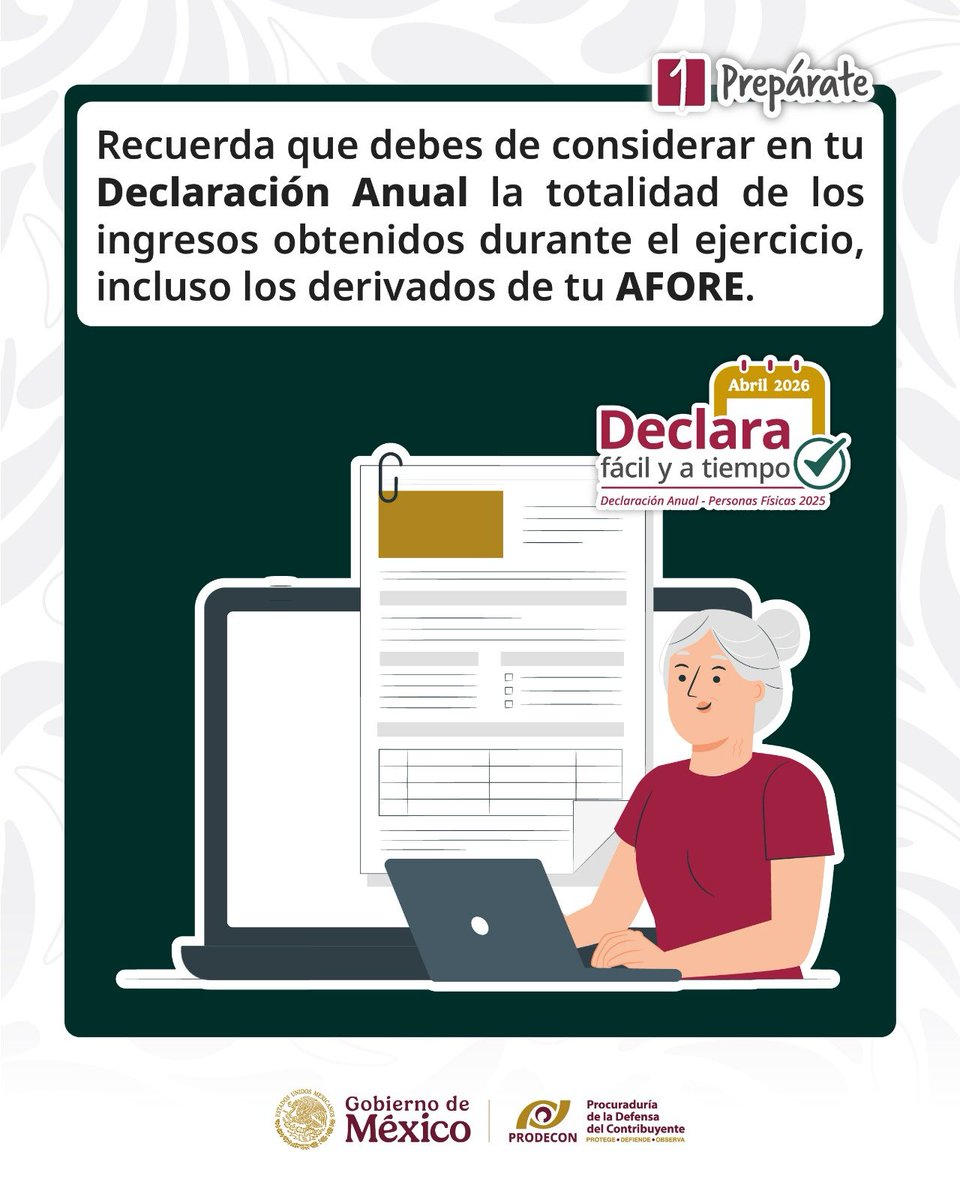 ProdeconMexico's tweet image. ¿Sabías que los ingresos por #AFORE, inversiones, dividendos o arrendamiento, entre otros, deben incluirse en tu #DeclaraciónAnual?​ 😳📄

Antes de enviarla, verifica que tu información esté completa. En #PRODECON te asesoramos de forma gratuita.​ ✅

🗓️ Ven a nuestras oficinas o