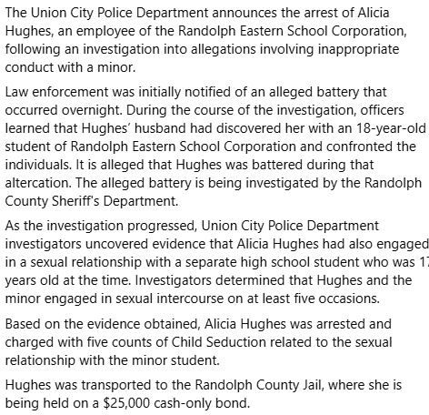 BensonNewsHub's tweet image. Indiana high school employee arrested after husband allegedly catches her with student — police say she also had sex with another student at least 5 times