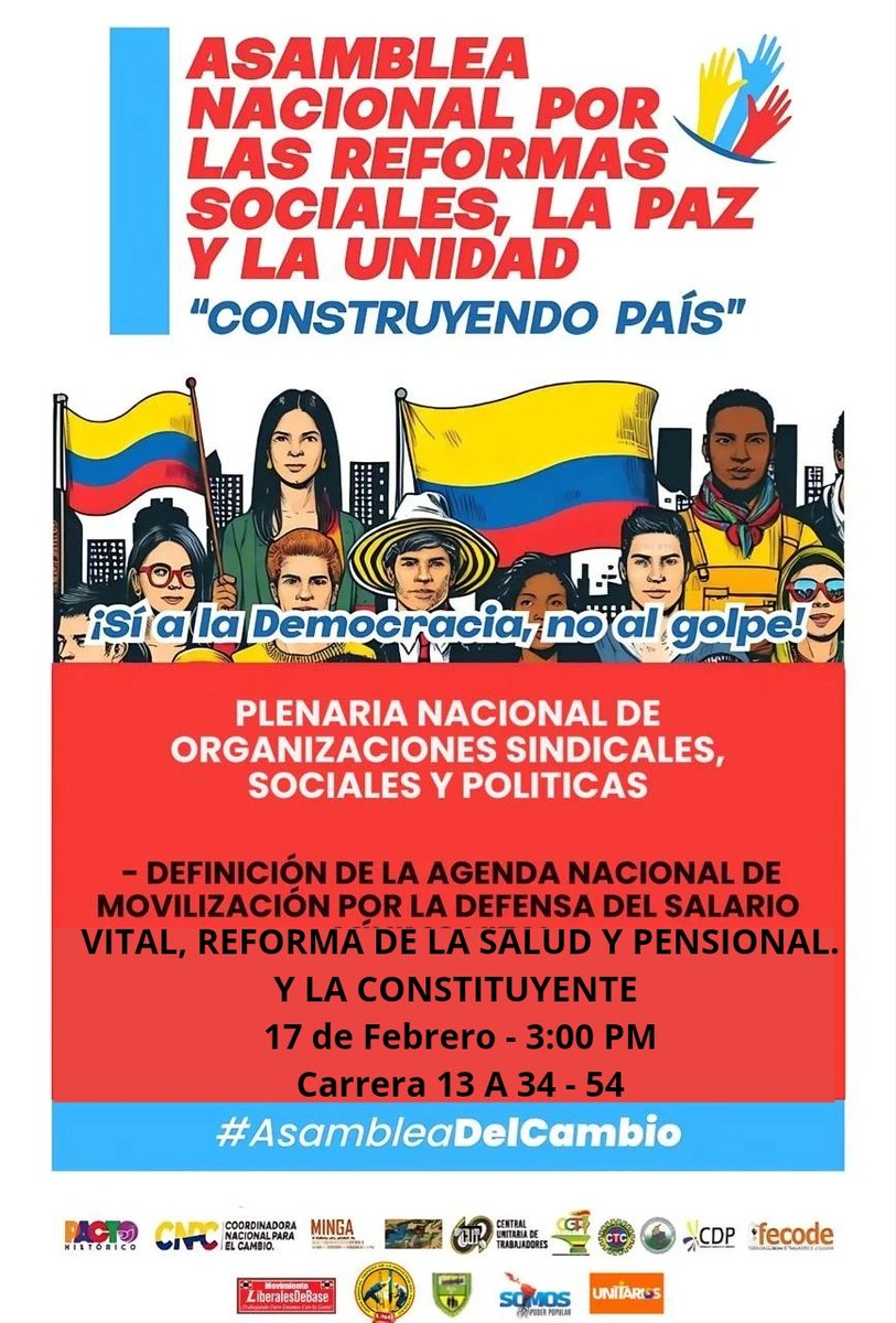 #19F

GRAN CONVOCATORIA OPERATIVA PARA LA ORGANIZACIÓN A NIVEL NACIONAL DE LA MULTITUDINARIA MOVILIZACIÓN EN DEFENSA DEL SALARIO VITAL, LA REFORMA A LA SALUD Y PENSIONAL DEL 19 DE FEBRERO. Y LA CONSTITUYENTE.

📆17 DE FEBRERO
🕒3:00 PM
🏛️ CARRERA 13 A 34-54

NO PASARÁN!!!!