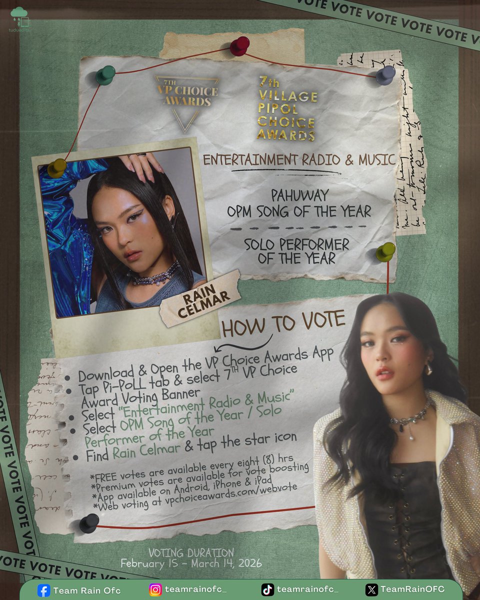 TeamRainOFC's tweet photo. Hello, Raindears! 💚
Another day to vote! Don’t forget to maximize your free votes daily and support Rainah all the way!

💫 Categories to Vote:
• 𝐒𝐨𝐥𝐨 𝐏𝐞𝐫𝐟𝐨𝐫𝐦𝐞𝐫 𝐨𝐟 𝐭𝐡𝐞 𝐘𝐞𝐚𝐫 - Meteor Rain
• 𝐎𝐏𝐌 𝐒𝐨𝐧𝐠 𝐨𝐟 𝐭𝐡𝐞 𝐘𝐞𝐚𝐫 - Pahuway

📲 Where to vote:
• Via VPCA App
• Via Web 
https://t.co/ewSAwUE0Ht

🗓️ Voting Duration: 
🕙 Feb. 15, 12:00am - Mar. 14, 11:59pm

📹 𝐅𝐚𝐜𝐞𝐛𝐨𝐨𝐤 𝐑𝐞𝐞𝐥𝐬 𝐕𝐨𝐭𝐢𝐧𝐠:
1 𝙨𝙝𝙖𝙧𝙚 = 1 𝙫𝙤𝙩𝙚 
1 “𝘾𝘼𝙍𝙀” 𝙧𝙚𝙖𝙘𝙩 = 1 𝙫𝙤𝙩𝙚 
1 𝙨𝙩𝙖𝙧 = 5 𝙫𝙤𝙩𝙚𝙨

𝐒𝐨𝐥𝐨 𝐏𝐞𝐫𝐟𝐨𝐫𝐦𝐞𝐫 𝐨𝐟 𝐭𝐡𝐞 𝐘𝐞𝐚𝐫:
https://t.co/1VEPxulxdP

𝐎𝐏𝐌 𝐒𝐨𝐧𝐠 𝐨𝐟 𝐭𝐡𝐞 𝐘𝐞𝐚𝐫:
https://t.co/xBk3jQvdQq

🗓️ Voting Duration: 
🕙 Feb. 15, 12:00am - Mar. 14, 7:00pm

Every single votes makes a big difference.
RAIN CELMAR | #RainCelmar #SHARain