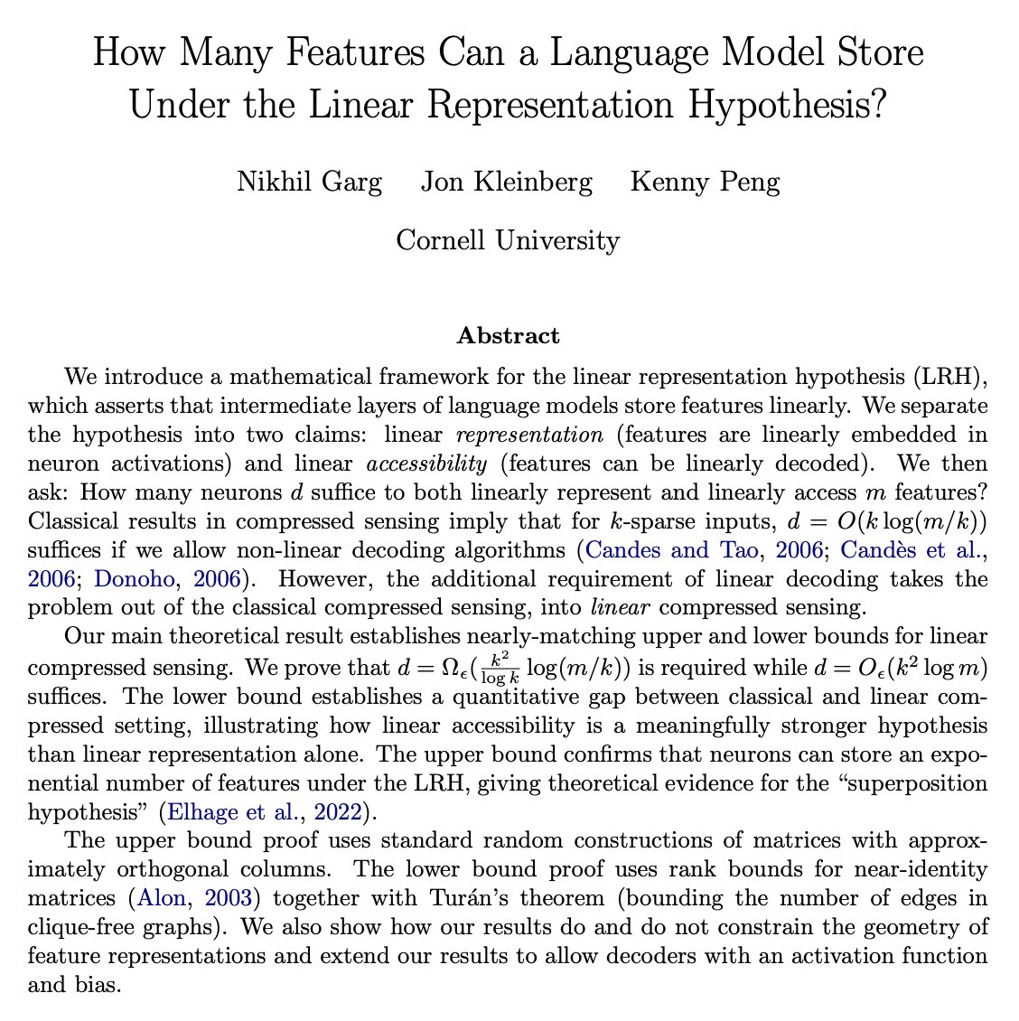 The Linear Representation Hypothesis is a powerful intuition for how language models work, but lacks formalization. Our new paper gives a mathematical framework in which we can ask and answer a basic question: how many features can be stored under the hypothesis? 🧵