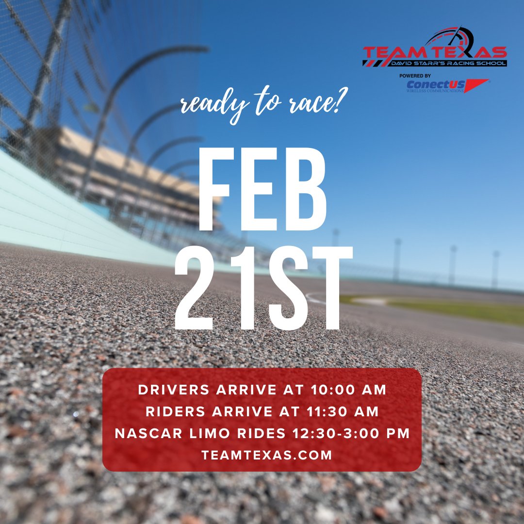 🏁 SATURDAY = RACE DAY 🏁
Texas Motor Speedway
Drivers → 10AM check-in (11AM class)
Ride-Alongs → 11:30AM
NASCAR Limo → 12:30–3PM
Let’s go racing 🔥
#TeamTexas #RaceDay