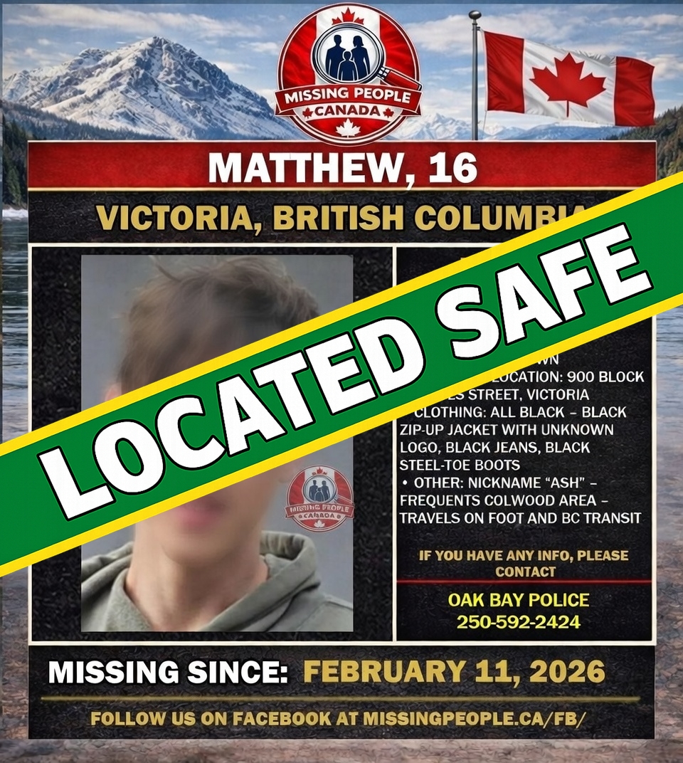 Missing_CA's tweet image. ✅ LOCATED – MATTHEW, 16

The teen missing on Feb. 15, Matthew, 16, has been located and is safe, according to Oak Bay Police.

Thank you to the community for your support.

#Located #OakBay #Victoria #BritishColumbia #MissingPersonLocated #CommunityUpdate #MissingPeopleCanada