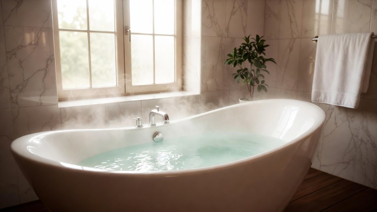 A Peaceful Escape - 20

A sunlit, steam-filled bathtub in a marble bathroom to convey serenity and self-care.

- Image by Grok