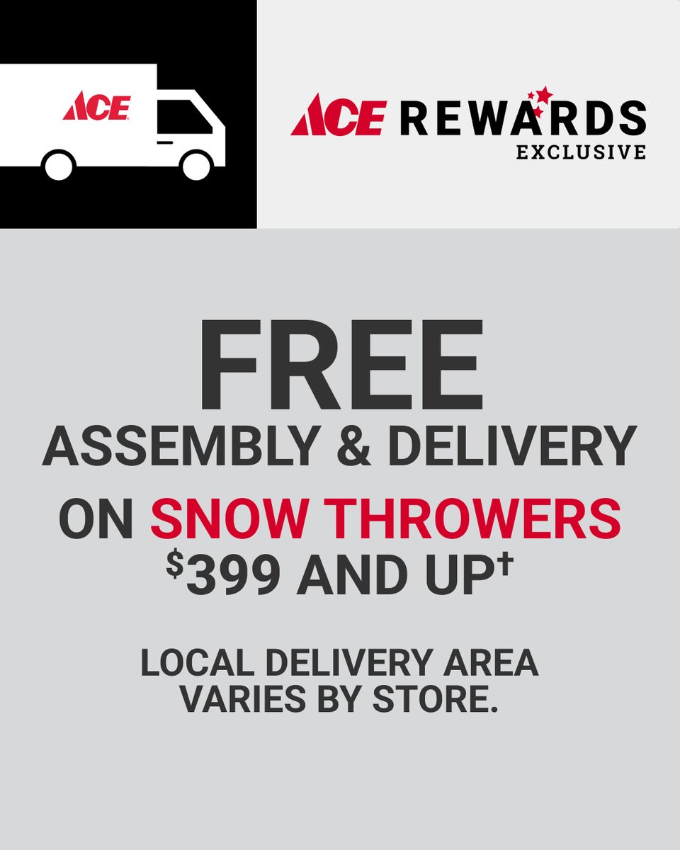 davidcityace's tweet photo. During snow season, Ace Rewards members get a special deal on snow removal equipment. Get FREE assembly and delivery on snow throwers $399 and up. Local delivery area varies by store, see our store for details. Offer valid at participating locations... https://t.co/5Eucx0l3HO https://t.co/qjeDxr2gHS