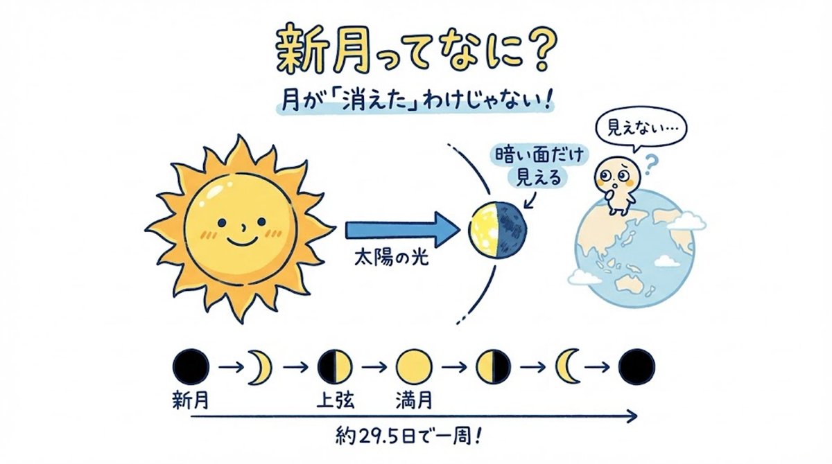 今日は新月。月が見えない夜です。

新月のとき、月は太陽と同じ方向にいます。

太陽の光が当たってる面が地球から見て向こう側で、
こっちには暗い面だけが向いてるから見えないんです。

月は約29.5日かけて満ち欠けを繰り返しています。

今日がその「スタート地点」です 🌙