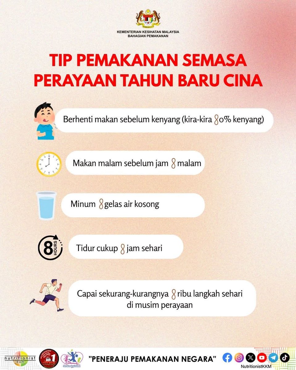 BhgPemakananKKM's tweet photo. Raikan perayaan dengan penuh kegembiraan dan jangan lupa jaga kesihatan juga 
🥠 Berhenti makan sebelum terlalu kenyang (kira-kira 80% kenyang)
🥠 Makan malam lebih awal (sebelum jam 8 malam)
🥠 Minum 6-8 gelas air sehari
🥠 Minimum 8,000 langkah sehari, kalau 10,000 lagi bagus https://t.co/DMQWQw9m7k