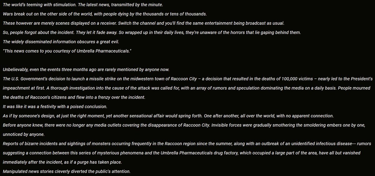 The prologue of the CODE:Veronica Complete Edition Kaitai Shinsho guide explores the public reaction to Raccoon City's destruction, saying the US President was nearly impeached. Degeneration reveals he resigned, making him second to do so (first being Richard Nixon).
#REBHFun