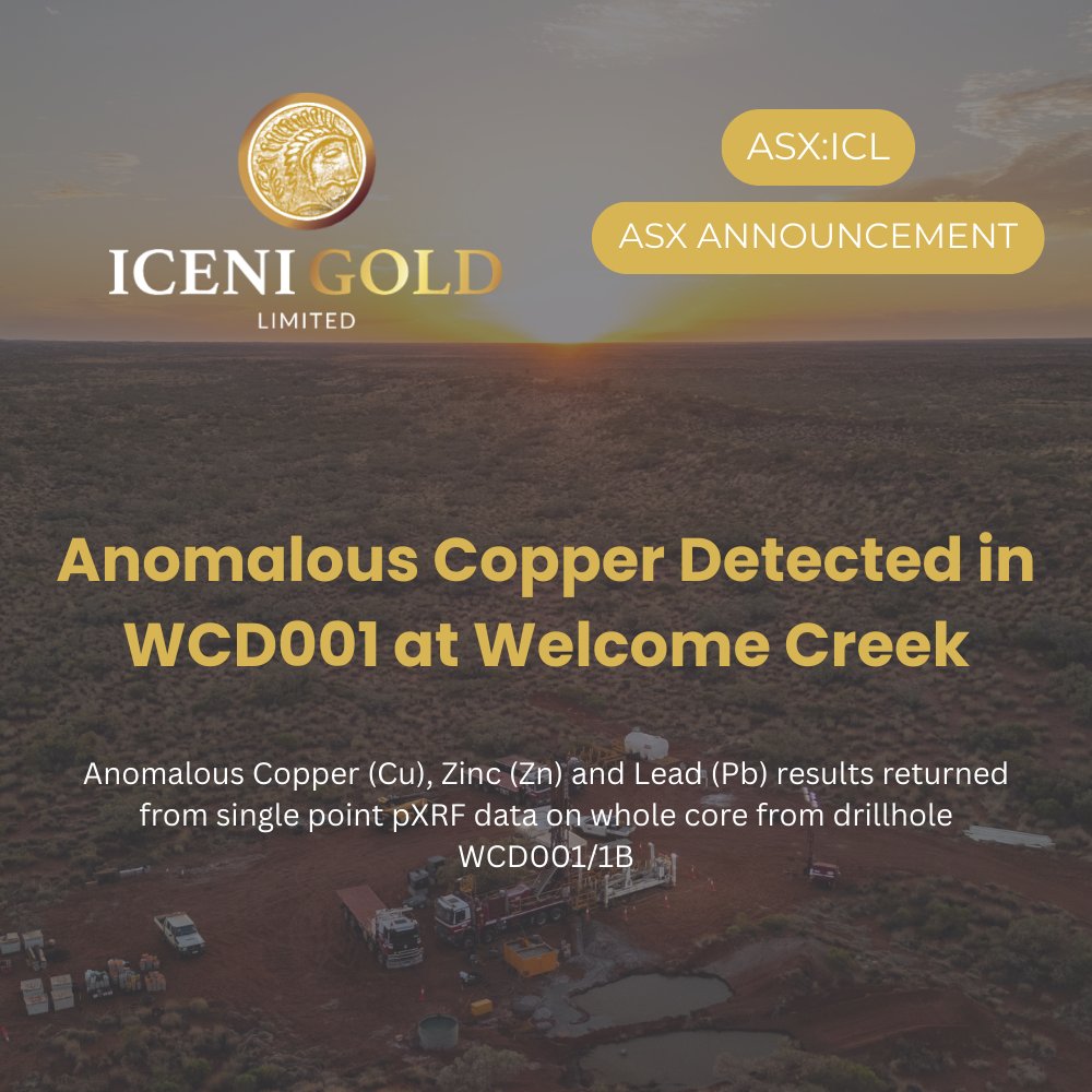 Iceni_Gold's tweet photo. First-pass pXRF from hole WCD001 confirms anomalous Cu &amp; base metals.

Highlights:
• 0.18% Cu @ 719m
• 0.26% Cu @ 942.99m
• 0.14% Cu @ 996.99m

Full release: https://t.co/JwzbGAWaJE https://t.co/XIPT9lJmJr