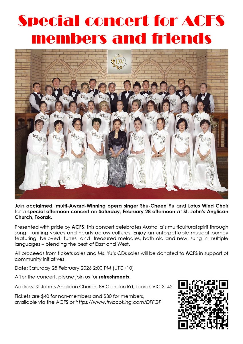 AcfsVic's tweet photo. Join acclaimed, multi-Award-Winning opera singer Shu-Cheen Yu and Lotus Wind Choir for a special afternoon concert on Saturday, February 28 afternoon at St. John's Anglican Church, Toorak. https://t.co/bJmTIPT0pt