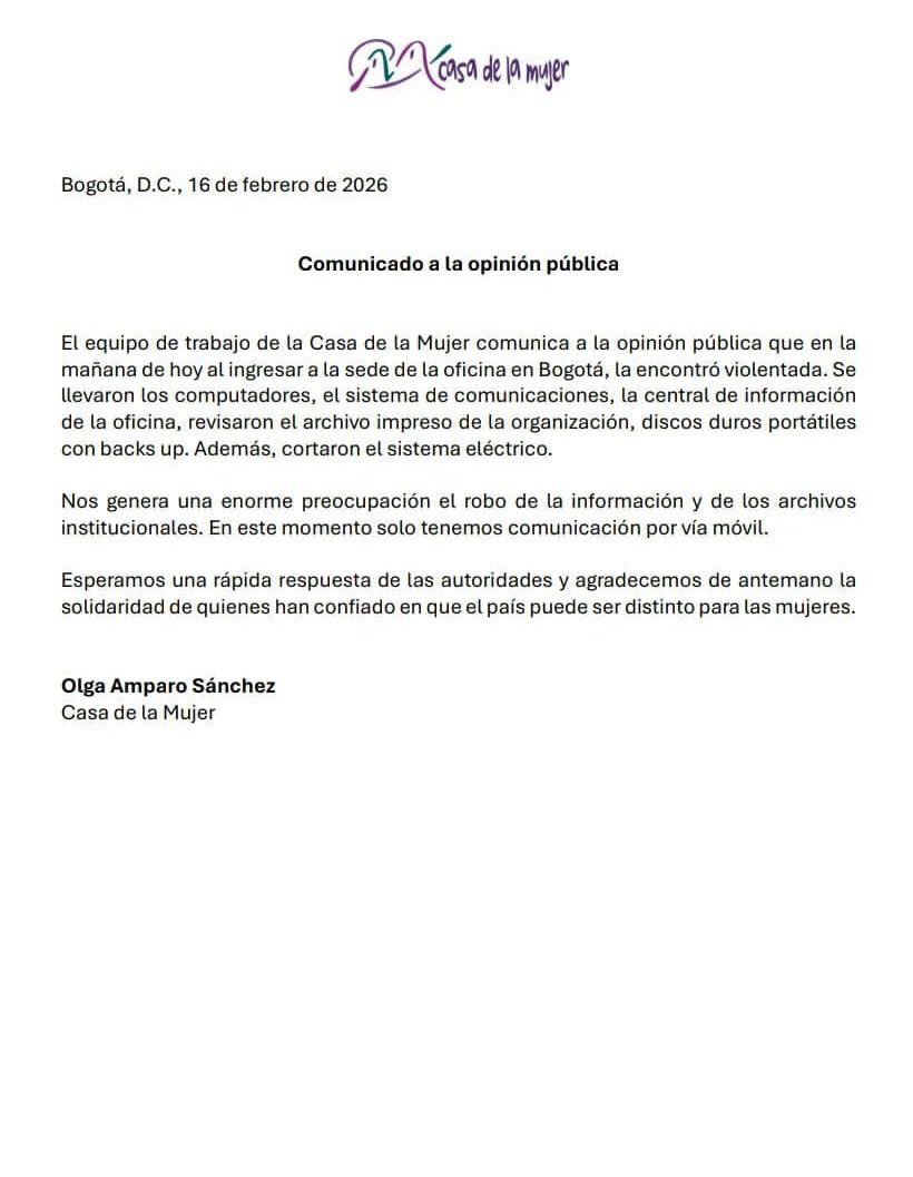 secredistmujer's tweet photo. Rechazamos la vulneración a la sede de @casa_la en Bogotá y expresamos nuestra solidaridad.

Pedimos a las autoridades investigar con celeridad y garantizar la protección de su labor. La defensa de los derechos de las mujeres no puede desarrollarse bajo amenazas ni ataques. https://t.co/gZt7YBLb65