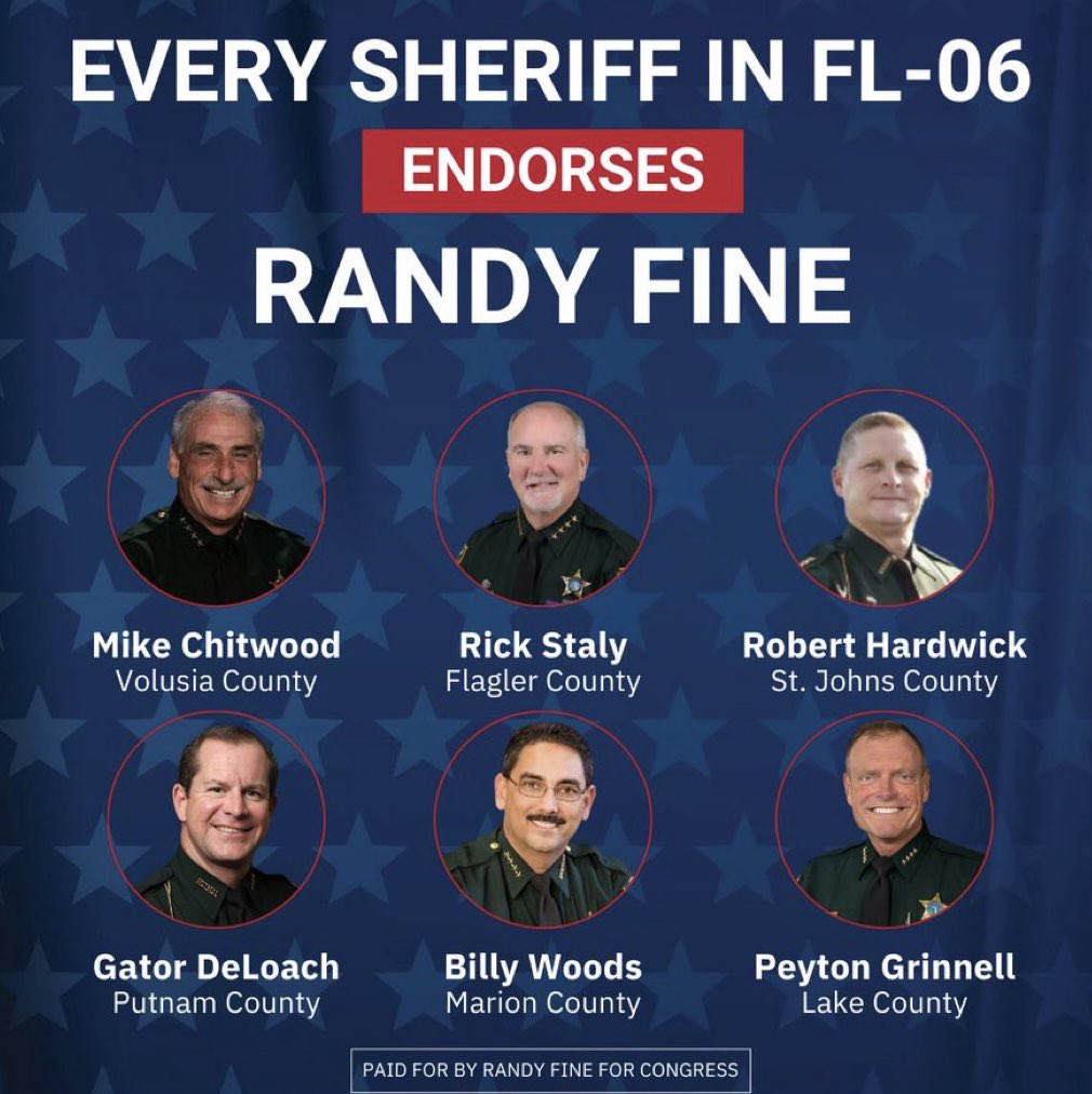 .<a href="/SheriffChitwood/">Mike Chitwood</a> <a href="/SheriffStaly/">Rick Staly</a> <a href="/GatorDeLoach/">Gator DeLoach</a> <a href="/TeamSJSO/">St. Johns County Sheriff's Office</a> <a href="/LakeCountySO/">LakeCountySO</a> <a href="/MCSOFlorida/">Marion Co. Sheriff-FL</a> 
In light of recent racist comments by <a href="/RepFine/">Congressman Randy Fine</a>, does your office still stand by any prior endorsement of him? The people of Florida deserve to know where law enforcement stands.