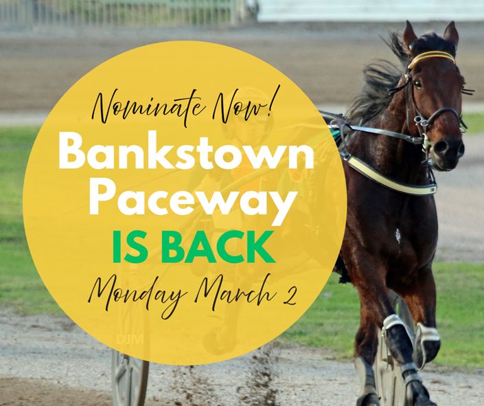 bankstownpace's tweet photo. Bankstown Paceway is Back!  First meeting - Monday March 2.

Track has been resurfaced . . . prizemoney pool sits at $61,000 for the day . . . 8 race program, with lots of opportunity for horses of all levels . . . all that’s missing is your nomination! https://t.co/ar03l4LfVd