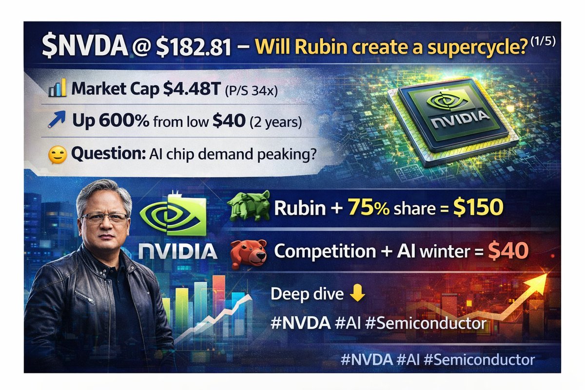 prettypek4531's tweet photo. $NVDA @ $182.81 - Rubin จะสร้าง supercycle จริงไหม? (1/5)

📊 Market Cap $4.48T (P/S 34x)
📉 ขึ้น 600% จาก low $40 (2 ปี)
🤔 คำถาม: AI chip demand peak หรือยัง?

🐂 Rubin + 75% share = $150
🐻 Competition + AI winter = $40

วิเคราะห์ต่อ 👇
#NVDA #AI #Semiconductor https://t.co/qrBZ0K3TyG