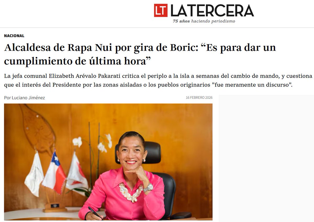 dgonamuncura's tweet photo. *LA GIRA DEL PDTE BORIC A RAPA NUI ES TARDÍA"* ha señalado la Alcaldesa Elizabeth Arévalo Pakarati. El pdte nunca visitó la isla en su gobierrno y tampoco accedio a audiencias solicitadas. La política indígena del gobierno será materia de evaluación por parte de los pueblos indígenas apenas concluya su administración. Pero, al parecer, el Pueblo Rapa Nui expresará antes su posición. Tal vez, ya no sea un tiempo útil visitar la isla.  La actual administración dejó de cumplir sus compromisos con los PPII desde hace ya un tiempo.