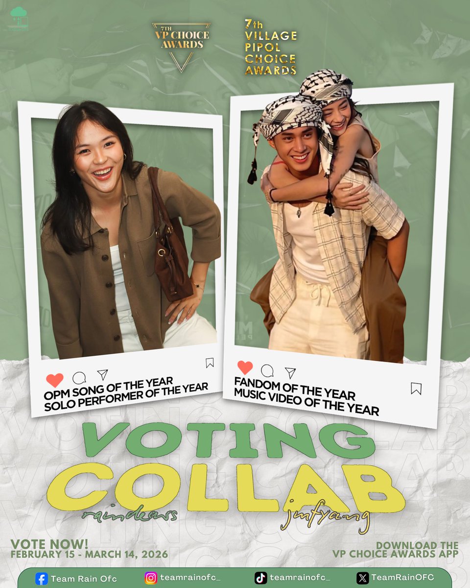 TeamRainOFC's tweet photo. 𝘼𝙉𝙊𝙏𝙃𝙀𝙍 𝙊𝙁𝙁𝙄𝘾𝙄𝘼𝙇 𝘾𝙊𝙇𝙇𝘼𝘽! 📌

Raindears, we are excited to announce our collab with 𝐉𝐌𝐅𝐲𝐚𝐧𝐠 ✨💛

Let’s support them in the following categories:
— 𝙈𝙪𝙨𝙞𝙘 𝙑𝙞𝙙𝙚𝙤 𝙤𝙛 𝙩𝙝𝙚 𝙔𝙚𝙖𝙧
— 𝙁𝙖𝙣𝙙𝙤𝙢 𝙤𝙛 𝙩𝙝𝙚 𝙔𝙚𝙖𝙧

And for our side, let’s push for:
— 𝙎𝙤𝙡𝙤 𝙋𝙚𝙧𝙛𝙤𝙧𝙢𝙚𝙧 𝙤𝙛 𝙩𝙝𝙚 𝙔𝙚𝙖𝙧
— 𝙊𝙋𝙈 𝙎𝙤𝙣𝙜 𝙤𝙛 𝙩𝙝𝙚 𝙔𝙚𝙖𝙧

This collaborations strengthen our bond with our besties fandom even more ✨🎉
Our goal for this collab is 𝐕𝐈𝐂𝐓𝐎𝐑𝐘! 🏆

Let’s go raindears and besties! 💚💛
Together, we rise.
Just drop your votes in the comment section. 

Where to vote?
— via VPCA App
— via web: https://t.co/ewSAwUE0Ht

RAIN CELMAR | #RainCelmar #SHARain