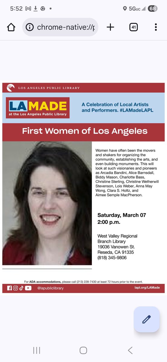 mallory_mary's tweet image. I'll be giving the free presentation "First Womrn of Los Angeles"  at the West Valley branch of the Los Angeles Public Library Saturday, March 7 at 2 pm. #lecture #presentation #history