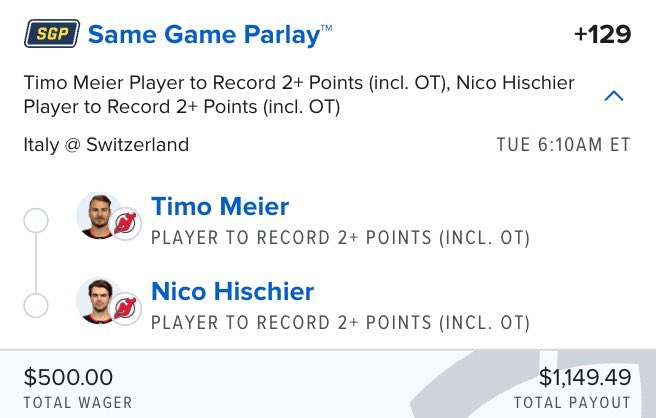 Let’s wake up to a grand 😴💰

$500 ➡️ $1,149.49

Timo Meier 2+ points 🔥
Nico Hischier 2+ points 🎯