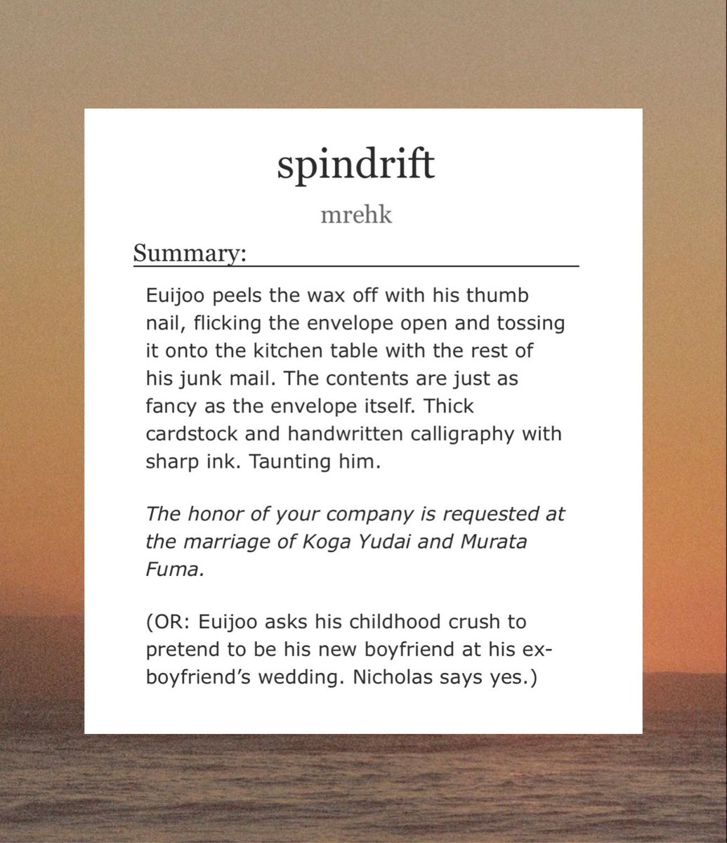 ⋆ spindrift ⋆

♡ ncej 🍓🍊
♡ e, 66k, complete
♡ fake dating, childhood friends, vacation
♡ link in replies!