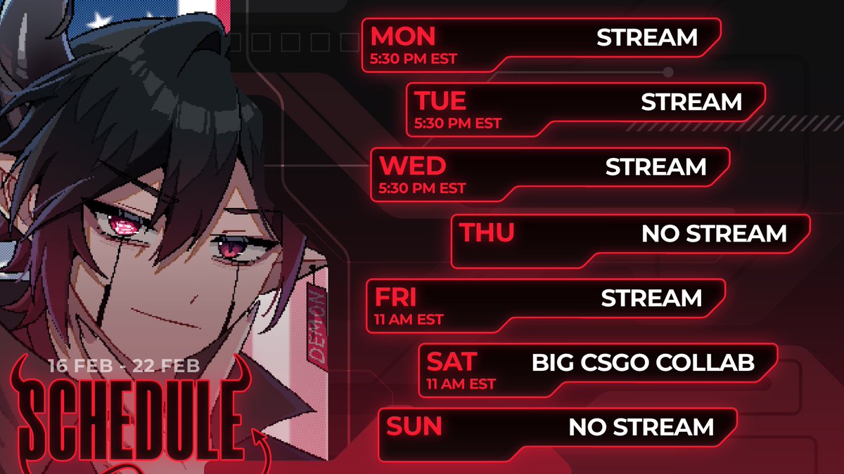 New schedule!!!

On Saturday we have a CS2 collab with <a href="/rileyzenko_vt/">RileyZenko Ch. 💙</a> <a href="/MarsyStr1ngs/">MarsyStrings</a> and <a href="/SaltyLove69/">Sodiii</a> 

I'll be marking collabs with the chosen game instead of "Stream" since those have a planned game and not whatever I feel like that day. 😅