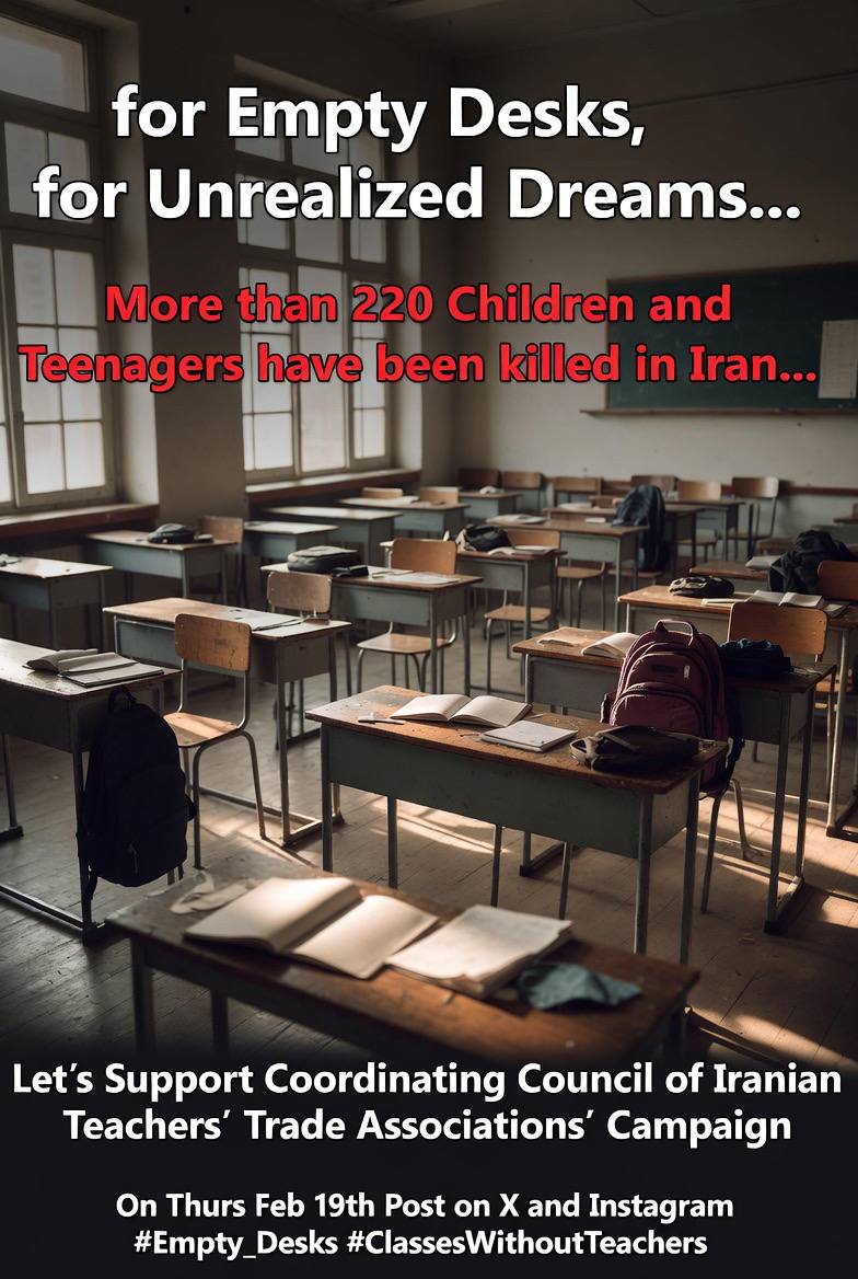 Islamic Regime Occupying Iran has k!lled 220+ students and teenagers and arrested many more. 
#Empty_Desks #ClassesWithoutTeachers #FreeIran
#IranRevolution2026