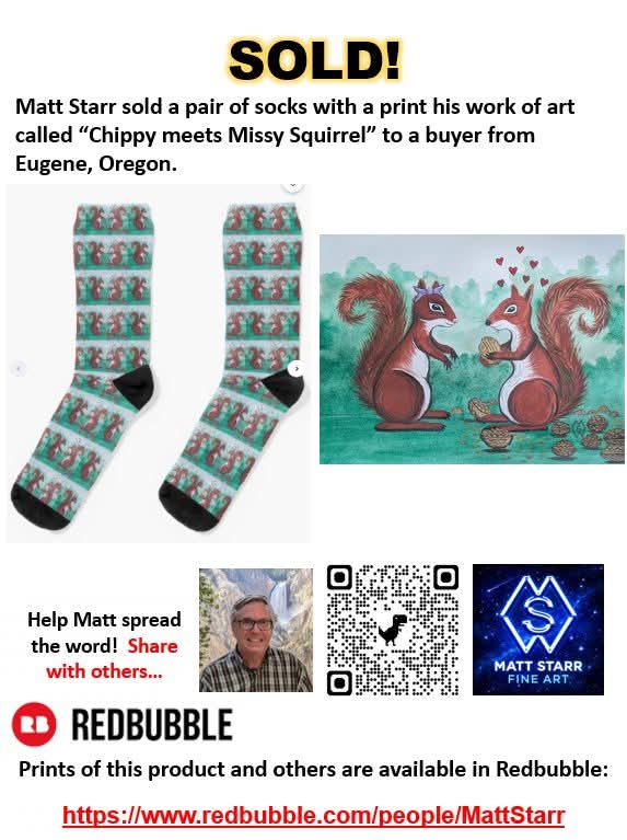 MattStarrFineA1's tweet photo. I recently sold a pair of socks with a print of my work of art called “Chippy meets Missy Squirrel. https://t.co/NRzFdOpBRG 

#mattstarrfineart #ChippySquirrel #squirrels #socks #squirrel #art #paintings #artforsale #artist #dailyart @Redbubble #Redbubble @redbubbleartists https://t.co/Owoa7rtVDz