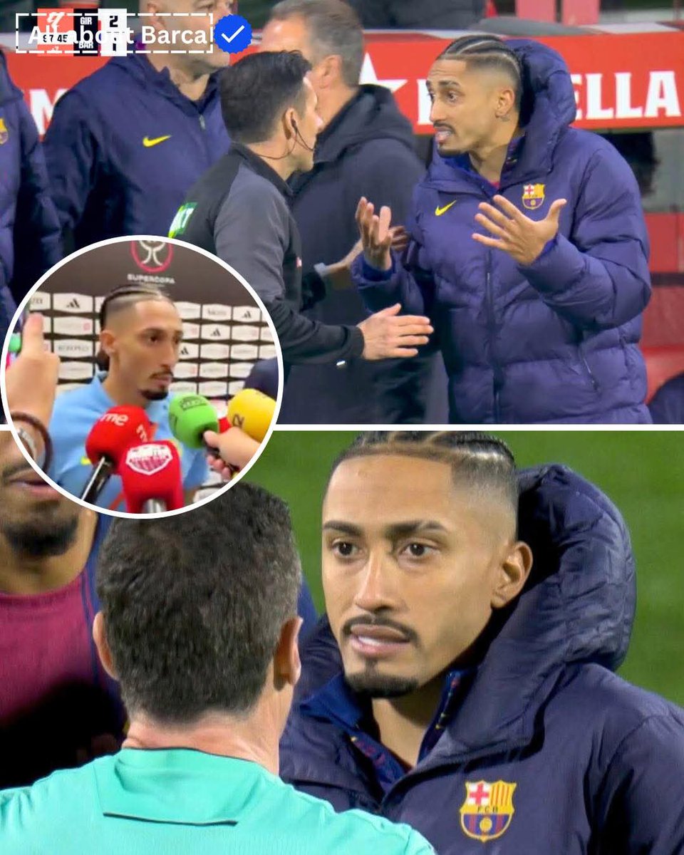 🚨 🎙️ Raphinha on the refrees:

“I told the referees straight  it feels like everything is going against us.

Before their goal, there’s a clear foul on Jules Koundé  his ankle gets hit and everyone can see it. No whistle, no VAR review. The play continues and it costs us.

Then