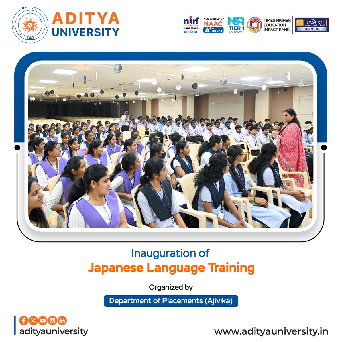 srmedapati's tweet image. I am pleased to share that Aditya University has inaugurated the Japanese Language Training Program through the Department of Placements (Ajivika).
Wishing all participants great success in their learning journey. 
#AdityaUniversity #JapaneseLanguage #Ajivika