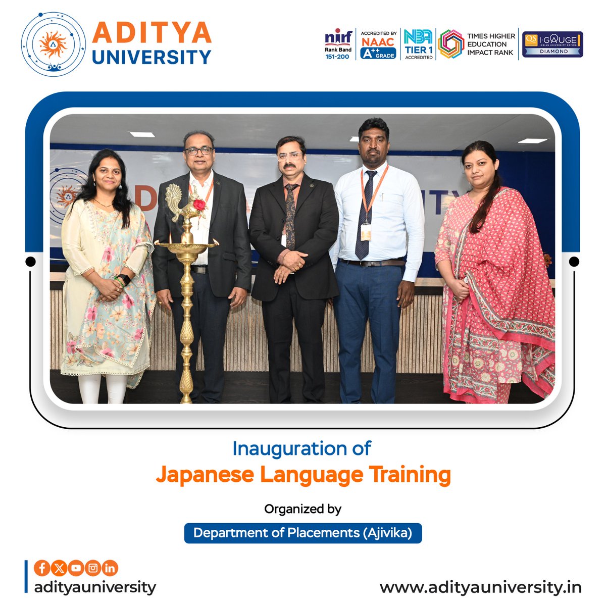 srmedapati's tweet image. I am pleased to share that Aditya University has inaugurated the Japanese Language Training Program through the Department of Placements (Ajivika).
Wishing all participants great success in their learning journey. 
#AdityaUniversity #JapaneseLanguage #Ajivika