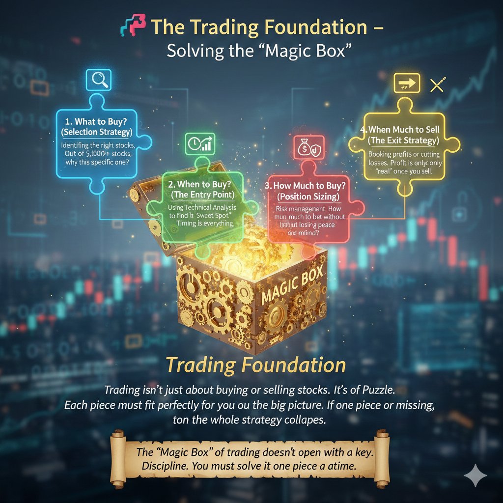 🧩 The Trading Foundation-

Solving the "Magic Box" -
Trading isn't just about buying or selling stocks. It's a Puzzle. Each piece must fit perfectly for you to see the big picture. If one piece is missing, the whole strategy collapses.

📦 The 4 Key Elements of the Puzzle-

1.
