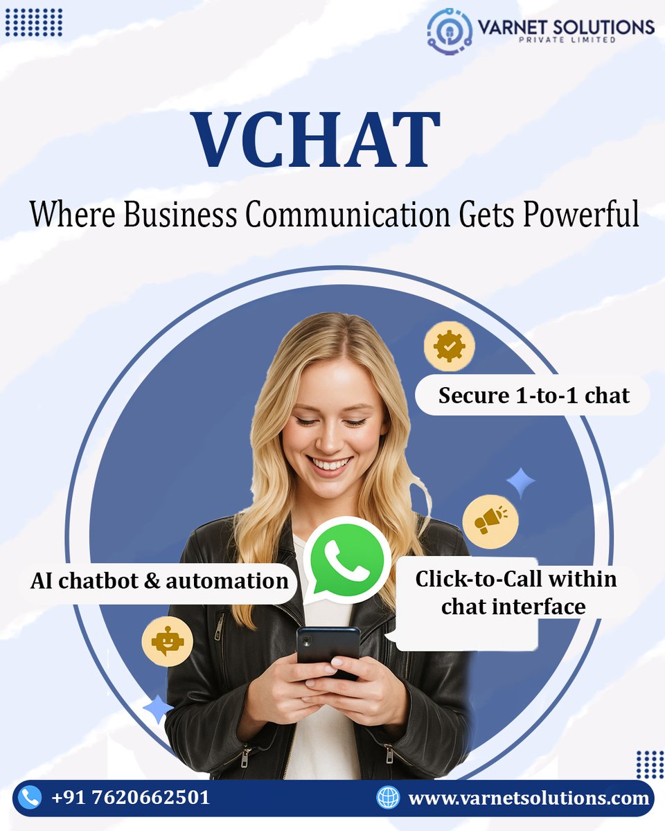 Varnet_solution's tweet image. Boost your business conversations with VCHAT – Smart, Secure &amp;amp; Instant Communication! 🚀 From AI chatbots to one-click calling, stay connected with customers anytime, anywhere.

📞 Call / WhatsApp: +91 7620662501
🌐 Visit: varnetsolutions.com

#VCHAT #BusinessCommunication