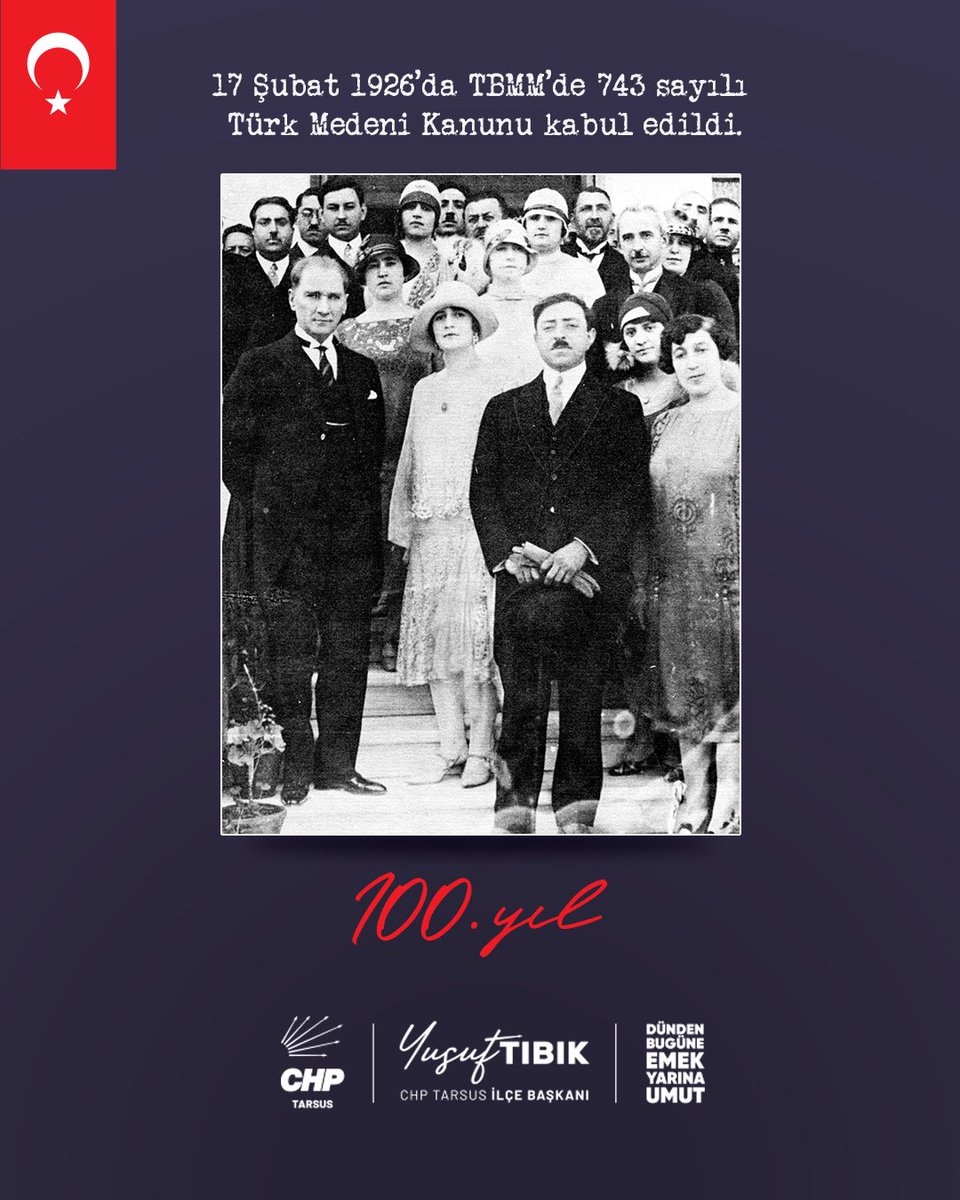 Türk Medeni Kanunu’nun kabulünün 100. yılında; hukuku aklın, bilimin ve eşitliğin ışığında şekillendiren Mustafa Kemal Atatürk’ü saygı, minnet ve özlemle anıyoruz.

“Medeni hukukta aile hukukunda takip edeceğimiz yol medeniyet yolu olacaktır…” diyen Atamızın izinde; laik, çağdaş
