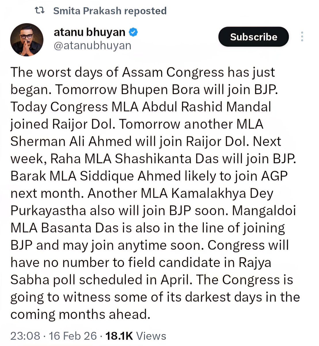 Just look how the ANI owner Smita Prakash is reposting the post of the Sanghi journalist.

It's well known that they support the BJP. They can express also but just look at how both are wishing hell for Assam Congress.

Journalists openly have become power brokers for BJP CM's.