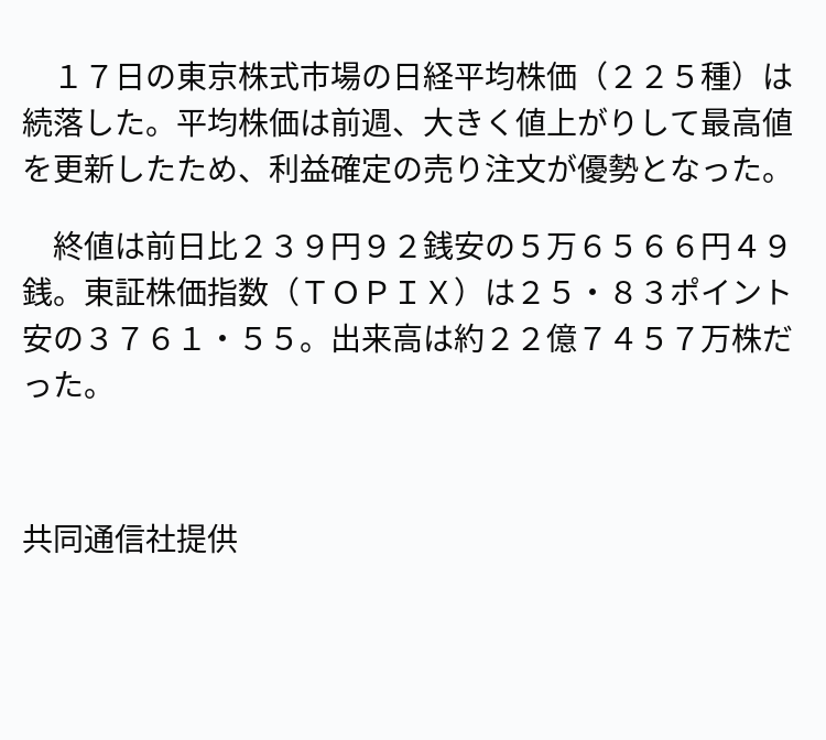 速報】東証終値は5万6566円、続落 ※記事は投稿時点の内容です