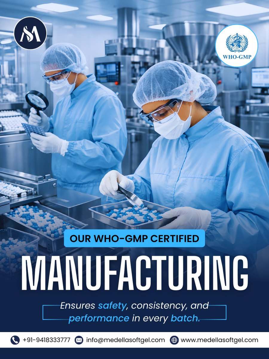 medellasoftgel's tweet image. Our WHO-GMP certified manufacturing ensures safety, consistency, and performance in every batch 💊✨
Quality you can trust. Standards you can rely on.

🌐 medellasoftgel.com

#medellasoftgel #whogmp #pharmamanufacturing #qualityassured #certifiedexcellence #pharmaceuticals
